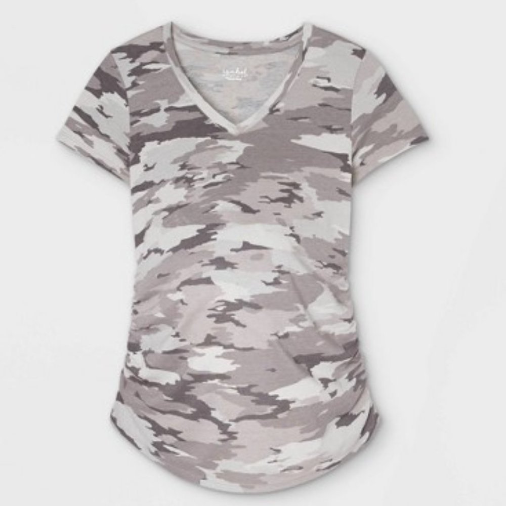 Isabel Maternity V-Neck Side Shirred Camo T-Shirt